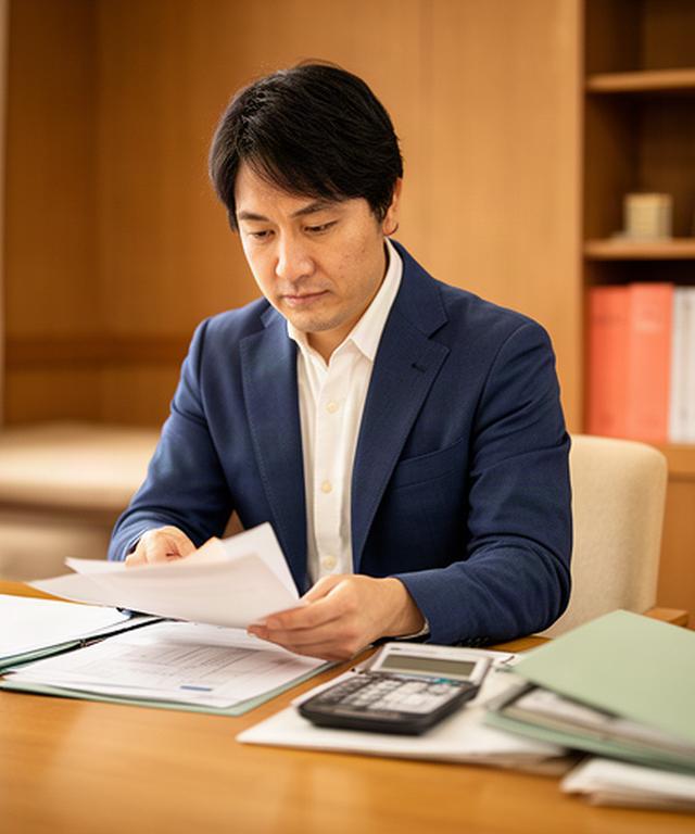 佐賀の木の温もりがある相談室で資料を確認するファイナンシャルプランナー代表