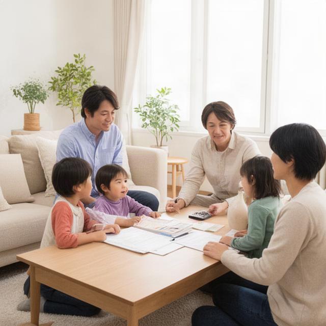 明るいリビングで家計表を囲み相談する佐賀の子育て家族