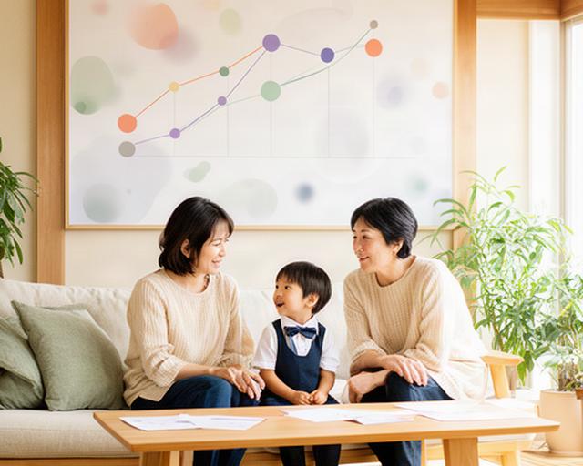佐賀の明るいリビングで子どもの成長年表を見ながら家計を相談する親子