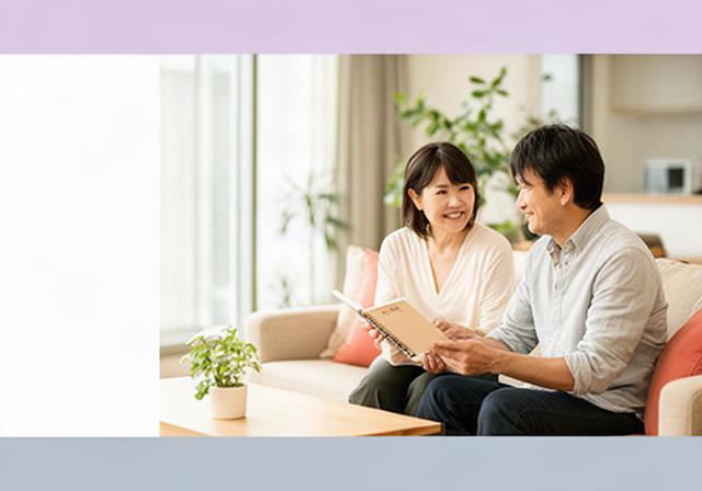 明るいリビングで家計ノートを見ながら向き合う佐賀の夫婦